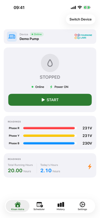 Kisan Astra home screen showing power status, live phase voltages and pump control