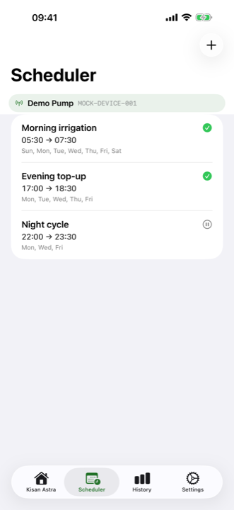 Kisan Astra scheduler screen with recurring pump schedules
